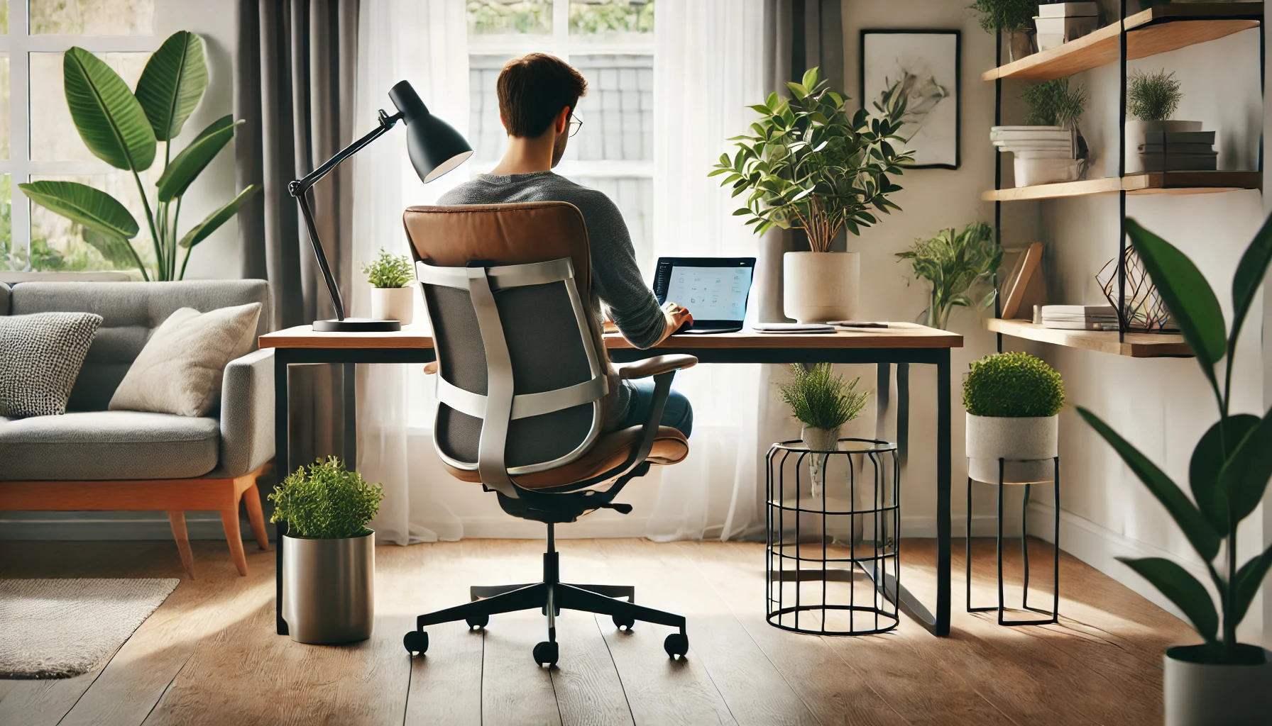 DALL·E 2025-01-01 10.58.45 – A modern home office setup with a sleek desk, ergonomic chair, laptop, and greenery in a bright, cozy room. A person working remotely, seen partially,